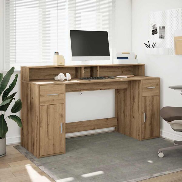 vidaXL Desk with LED Lights Artisian Oak 63.0x21.7x35.8" Engineered Wood