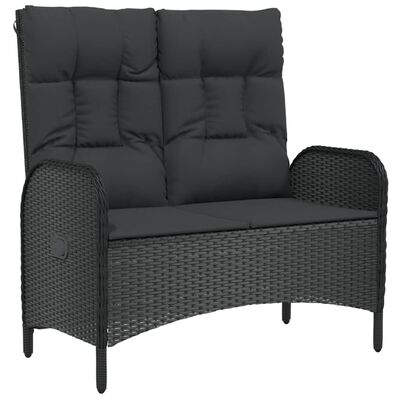 Two-seater black woven loveseat with tufted back cushions.