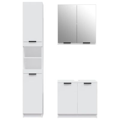 Buttress tall storage tower, wall mirror cabinet, and two-door vanity cabinet in white.