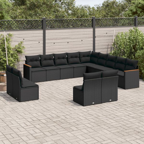 vidaXL Garden Sofa Set Black PE Rattan, Powder-Coated Steel, Fabric Large