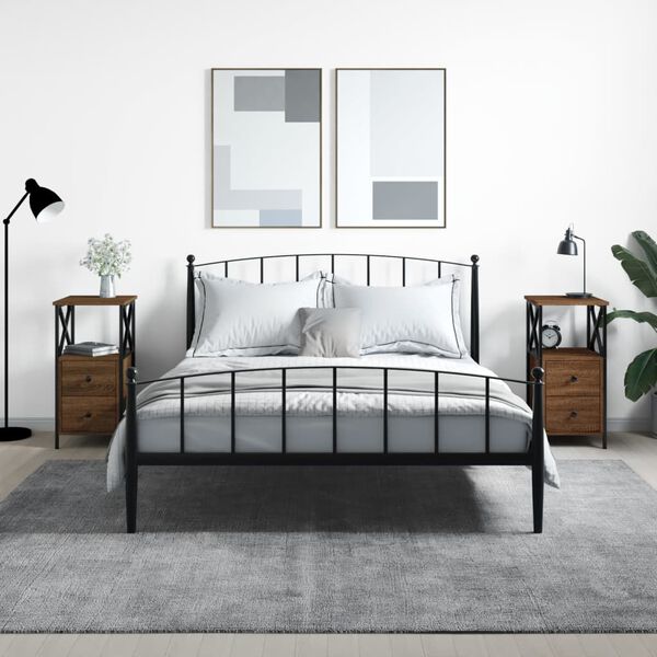 vidaXL Bedside Cabinet Set of 2 Brown oak Engineered wood, iron Compact