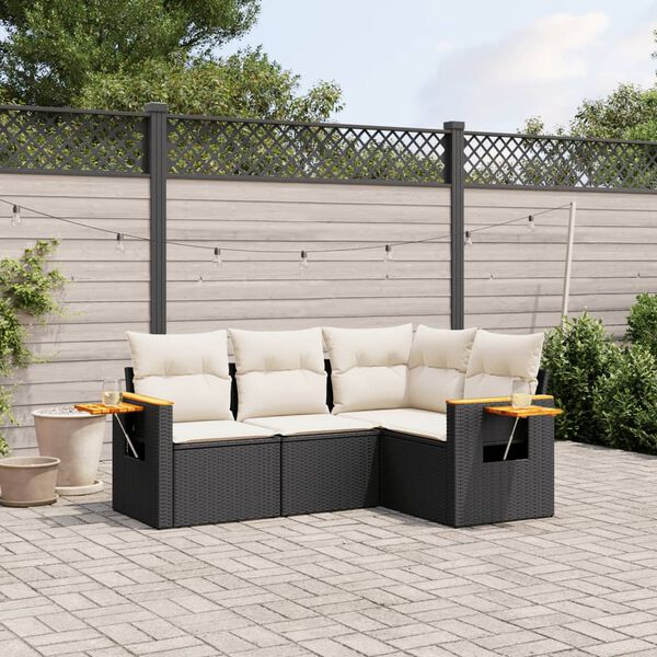 vidaXL Garden Sofa Set Black and Cream White PE rattan 4 Piece Modular