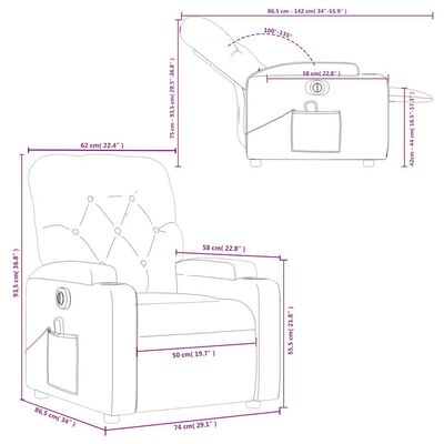 Dimension diagram of recliner showing measurements and layout