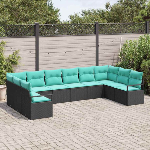 vidaXL Sofa Set with Cushion 10 pcs Black Poly Rattan