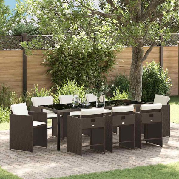 vidaXL Garden Dining Set with Cushion 9 pcs Brown Poly Rattan