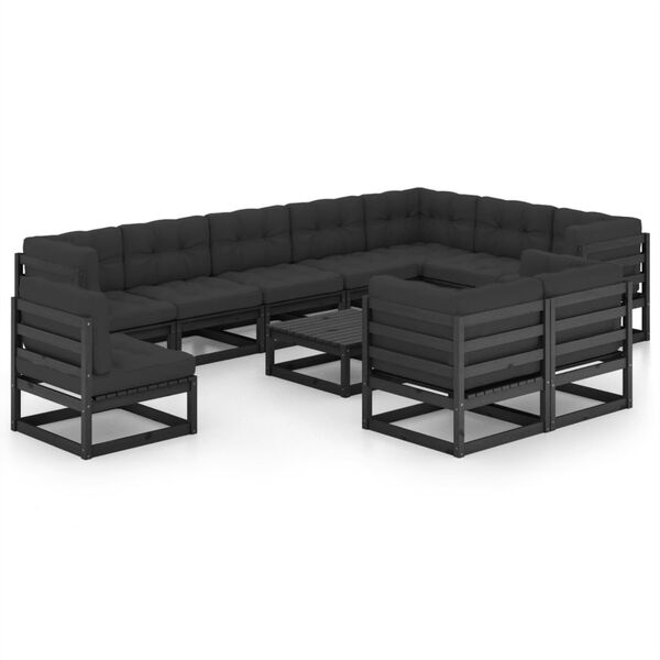 vidaXL Garden Lounge Set Black Solid pine wood, fabric (100% polyester)