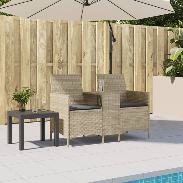 vidaXL Patio Sofa 2-Seater with Table and Cushions Light Grey Poly Rattan