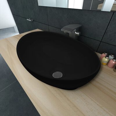 vidaXL Luxury Ceramic Basin Oval-shaped Black 16.1"x13.4"