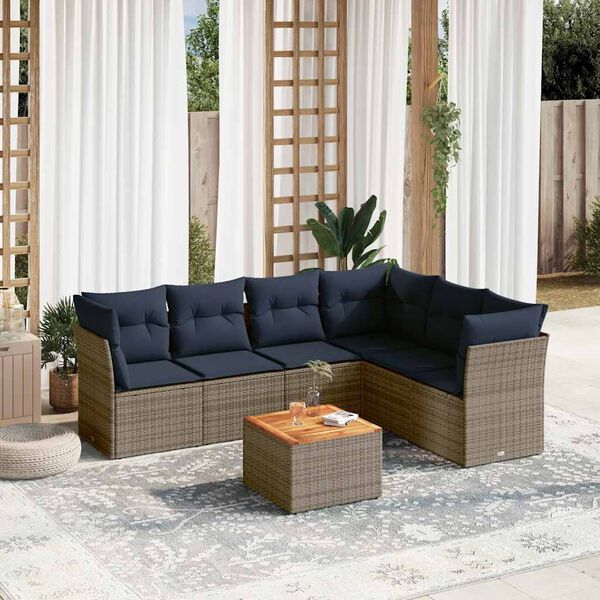 vidaXL 7 Piece Patio Sofa Set with Cushions Gray Poly Rattan