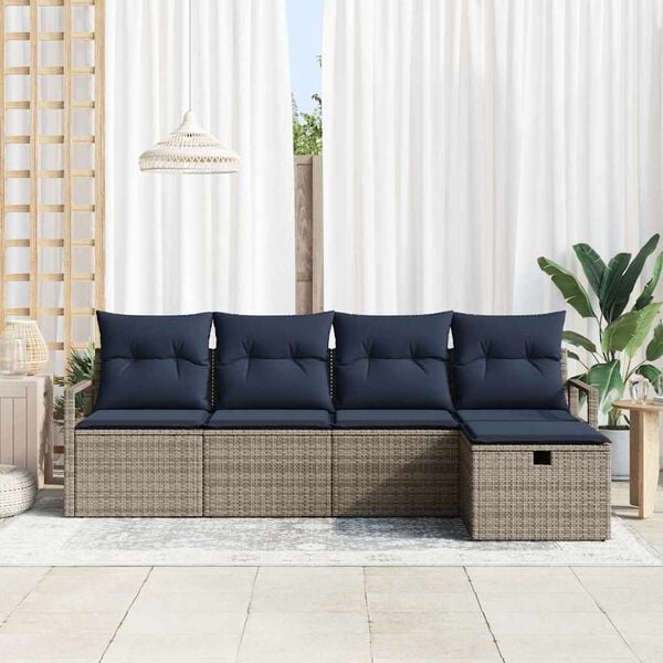 vidaXL Sofa Set with Cushion Manual 5 pcs Grey and Navy Poly Rattan