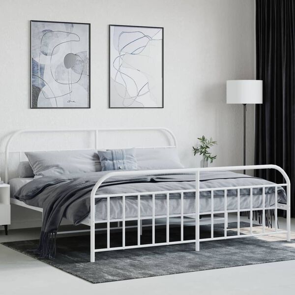 vidaXL Bed Frame White Powder-Coated Steel Double Storage Bed Frame