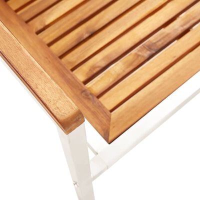 Close-up of corner of chair showing wooden seat slats and white metal frame