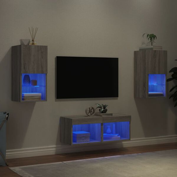 vidaXL 4 Piece TV Wall Stands with LED Lights Gray Sonoma