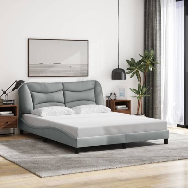 vidaXL Bed Frame with LED without Mattress "Hvar" Light Gray 59.8"x79.9" Fabric