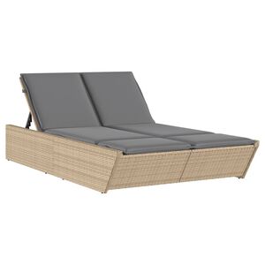 vidaXL Double Sun Lounger with Cushions Beige Poly Rattan