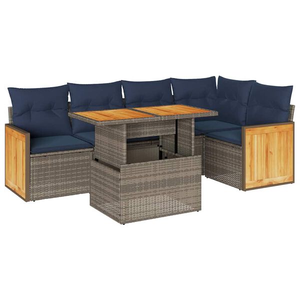 vidaXL 6 Piece Patio Sofa Set with Cushions Gray Poly Rattan Acacia