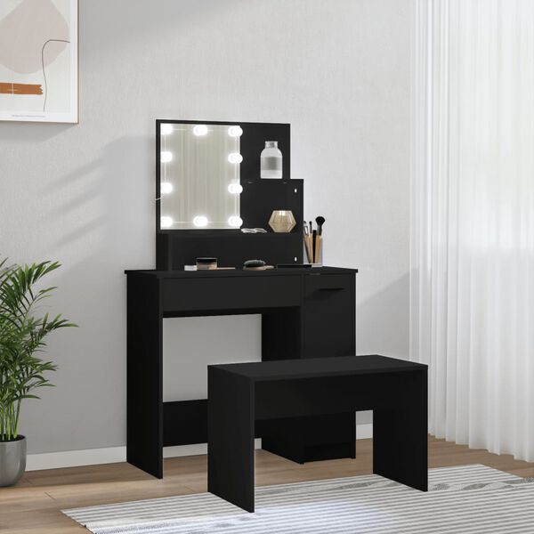 vidaXL Dressing Table Set With LED Black Engineered wood, acrylic