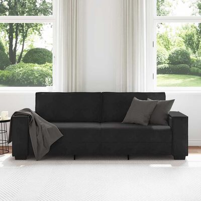 Front view of a black three-seat sofa with two seat cushions and one small throw pillow, clean modern lines and squared arms.