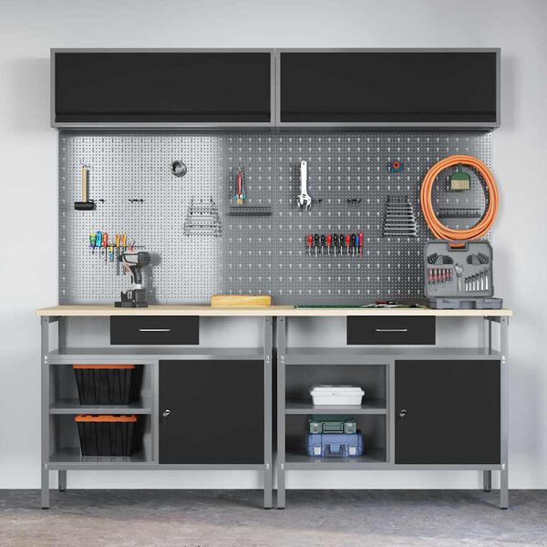 vidaXL Work Bench Set with Drawer 8 pcs Black 200 x 55 x 200 cm Steel