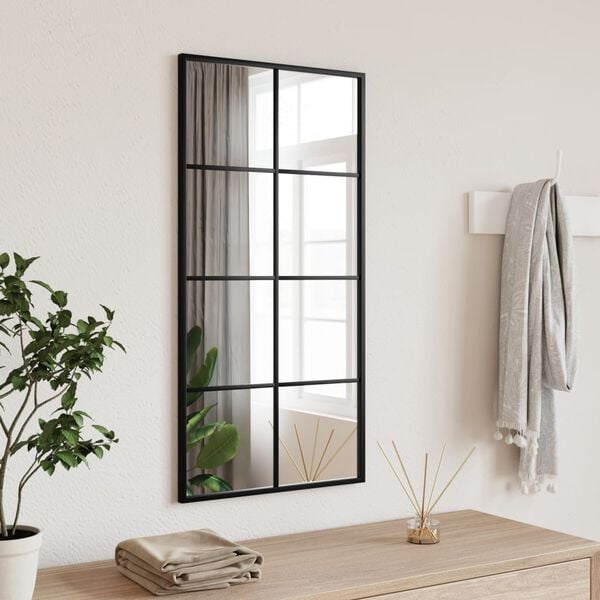 vidaXL Wall Mirror Black Glass, Powder-coated iron 15.7x31.5 in