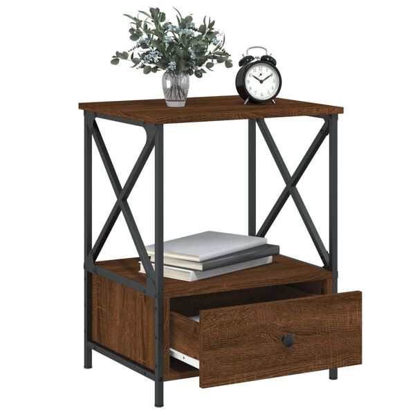 vidaXL Bedside Table Brown Oak Engineered Wood, Iron Medium
