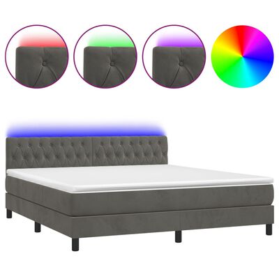 vidaXL Box Spring Bed with Mattress&LED Dark Gray King Velvet