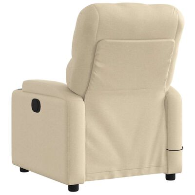 Side view of beige recliner armrest with small storage pocket and a round black control button on the inner side