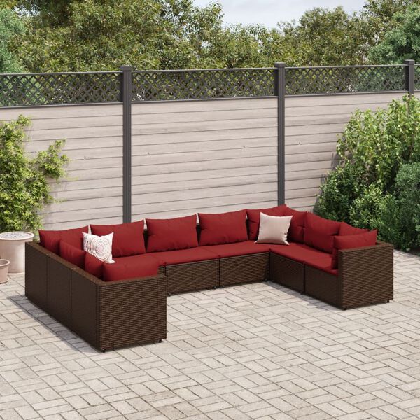 vidaXL Patio Lounge Set Brown PE Rattan, Powder-Coated Steel 9 Piece Set