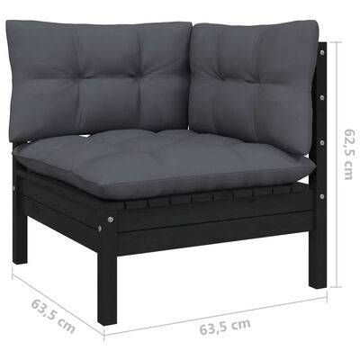 vidaXL Patio Corner Sofa with Cushions Black Solid Pinewood