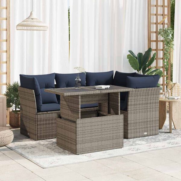 vidaXL 5 Piece Patio Sofa Set with Cushions Gray Poly Rattan Acacia