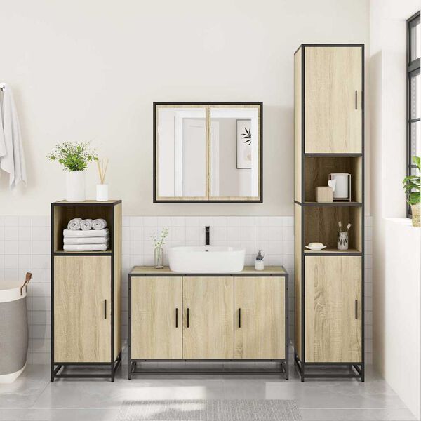 vidaXL Bathroom Furniture Set Sonoma Oak Engineered Wood, Metal, Glass