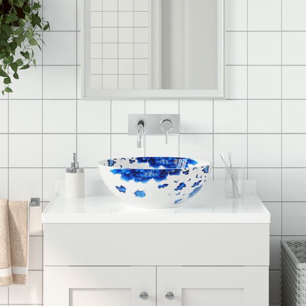 vidaXL Countertop Basin White and Blue Round Φ16.1x5.5" Ceramic