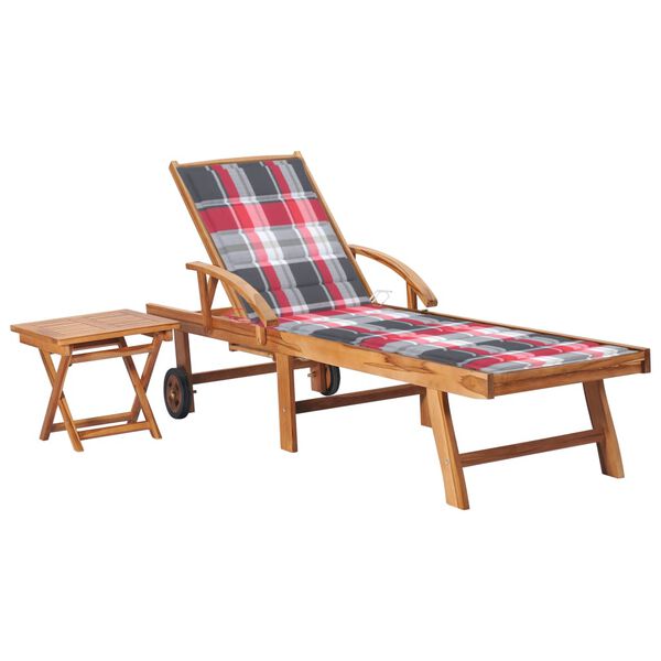 vidaXL Patio Sun Lounger Natural Teak, Red Check Teak wood, Polyester (100%)