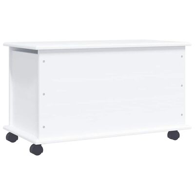 White storage chest on caster wheels with lid closed