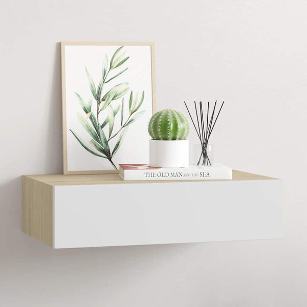 vidaXL Drawer Shelf Oak and White MDF, Metal Compact Wall Shelf