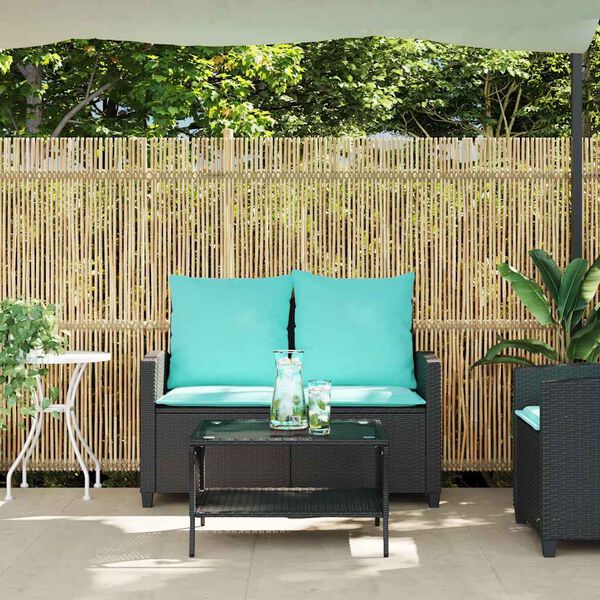 vidaXL Patio Sofa 2-Seater with Cushions&Table Black Poly Rattan