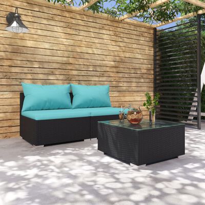 vidaXL Patio Furniture Set 3 Piece with Cushions Poly Rattan Black