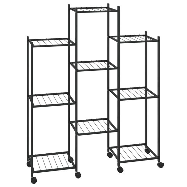 vidaXL Flower Stand Black Iron Multiple Pot Holder Rollable