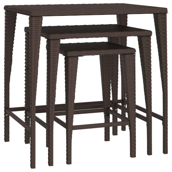 vidaXL Nesting Table Set of 3 Brown PE rattan, powder-coated steel