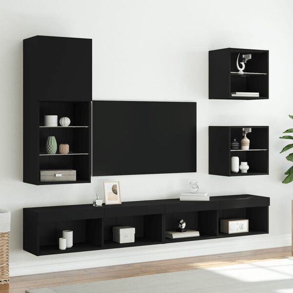 vidaXL TV Cabinet Black Engineered wood, glass Medium Wall mounting