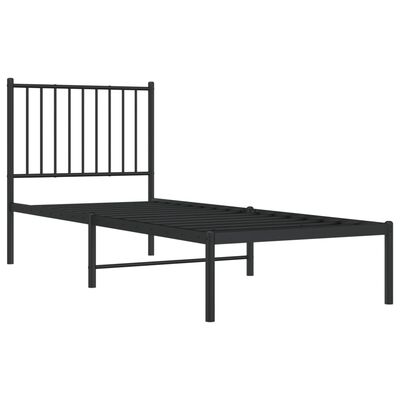 A black metal bed frame with a headboard and a lowered footboard, no mattress.