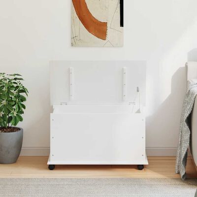 White storage chest with caster wheels and front view, lid open showing interior space