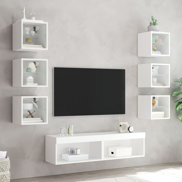 vidaXL TV Wall Unit Set of 8 White Engineered wood, glass 8 Piece Set