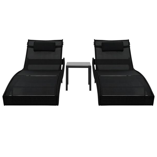 vidaXL Sun Loungers 2 pcs with Table Poly Rattan and Textilene Black