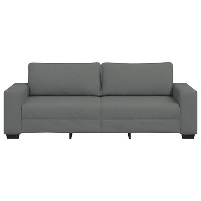 Grey fabric sofa with two back cushions and wide arms, front view.
