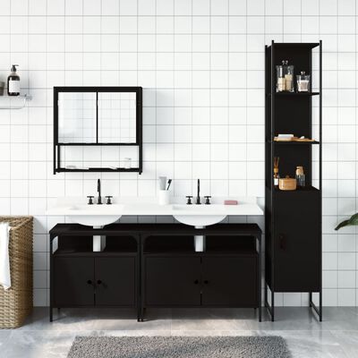 Bathroom vanity unit with double sinks, wall-mounted rectangular mirror, and tall storage cabinet.