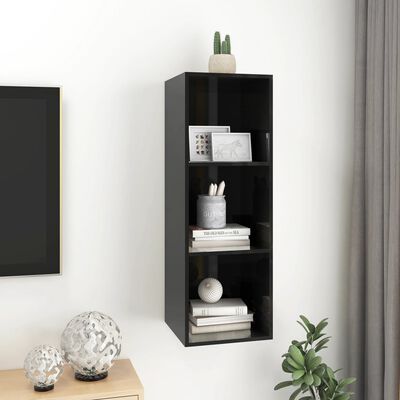 vidaXL Wall-mounted TV Cabinet High Gloss Black 14.6"x14.6"x42.1" Engineered Wood