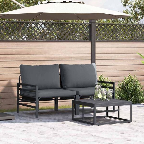 vidaXL Garden Sofa Set with Cushion 3 pcs Black Steel