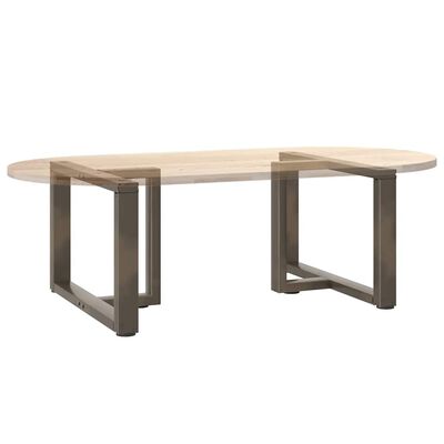 Table with wooden top and brown metal legs forming U-shaped supports