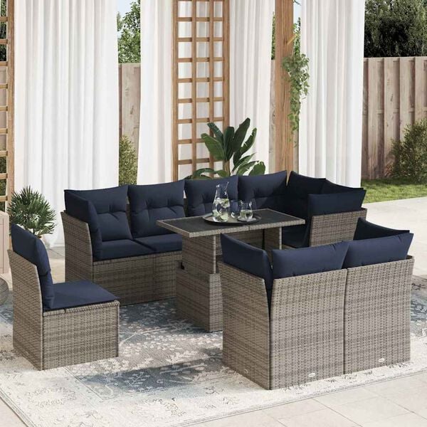 vidaXL 9 Piece Patio Sofa Set with Cushions Gray Poly Rattan Acacia